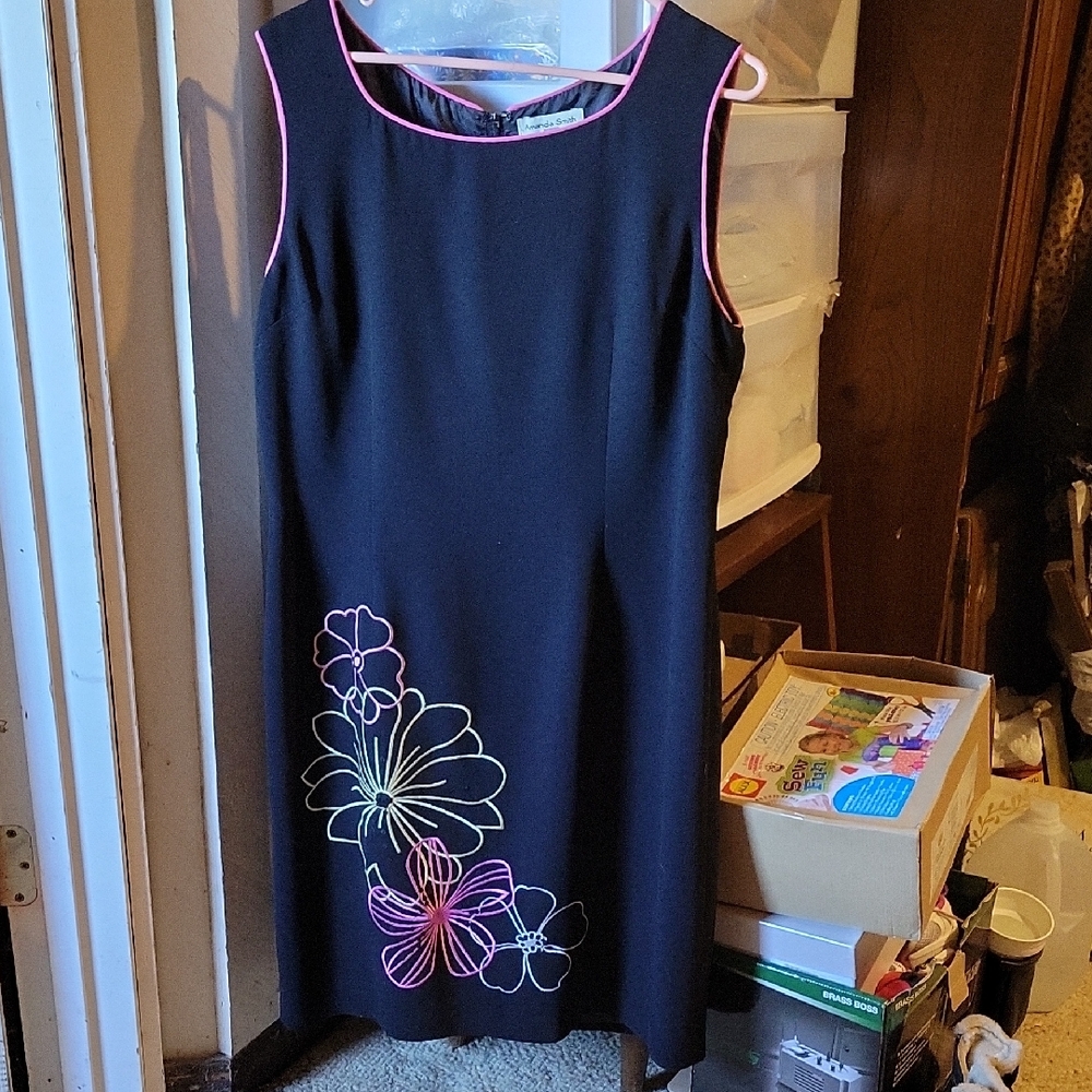 Sleeveless Black Shift Dress with Neon Floral Embroidery